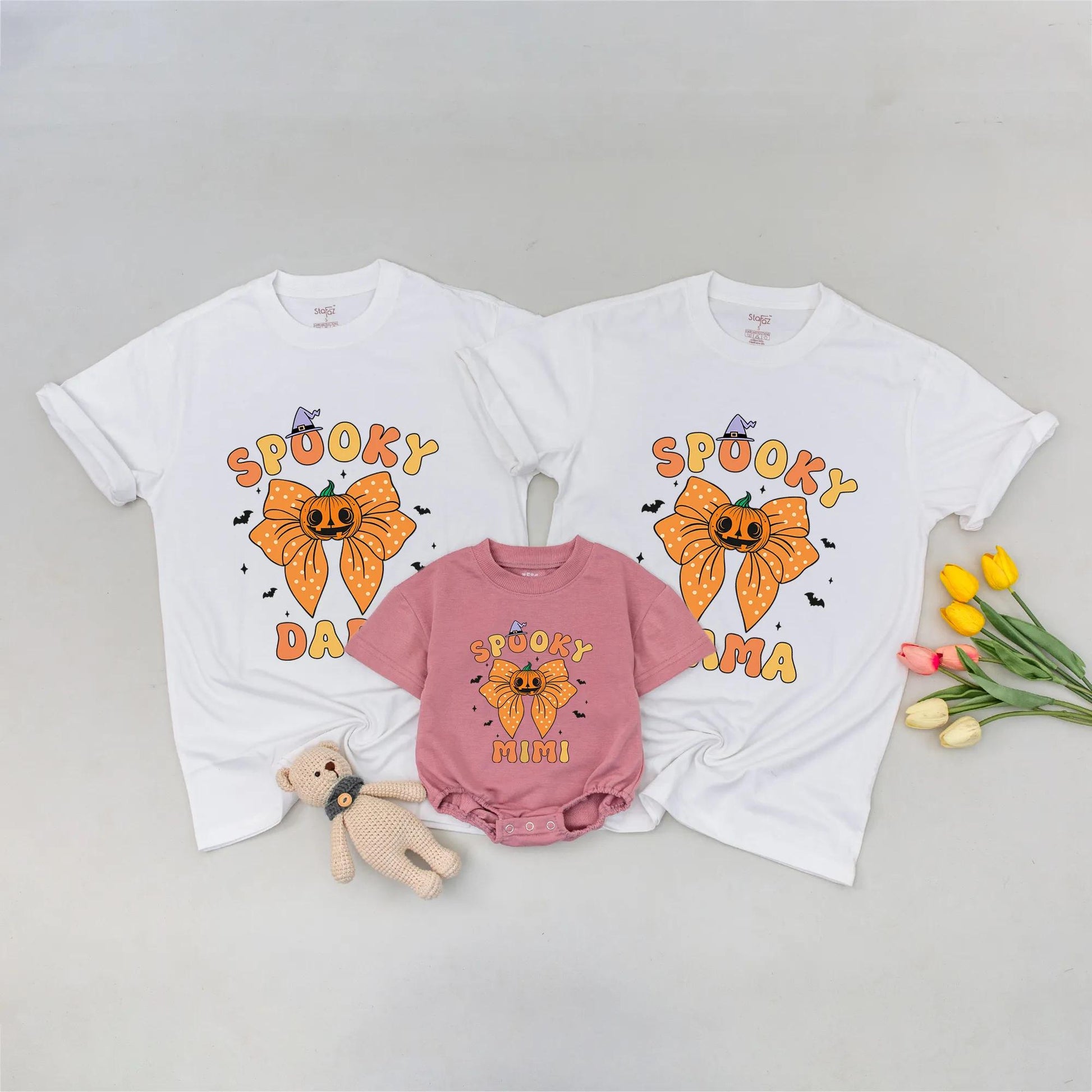 Retro Spooky Mama & Mini Matching Halloween Sweatshirt Cute Pumpkin Bow Witch Hat Family Outfit Orange Yellow Black Bats Stars