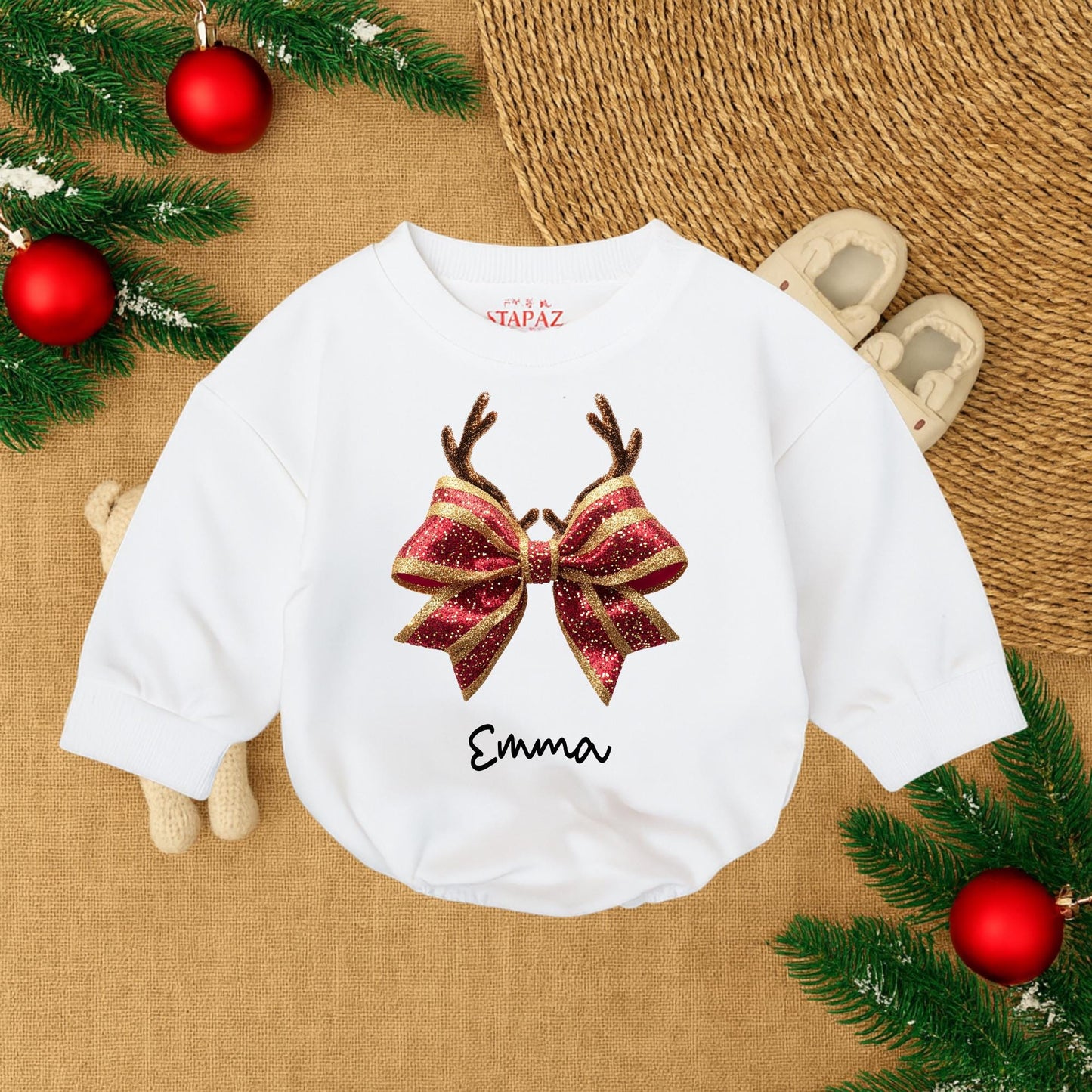 Personalized Christmas Bow Romper: Reindeer Antlers & Gold Glitter, Custom Name Baby Girl Holiday Outfit, First Christmas Gift, Cute Festive Clothes 