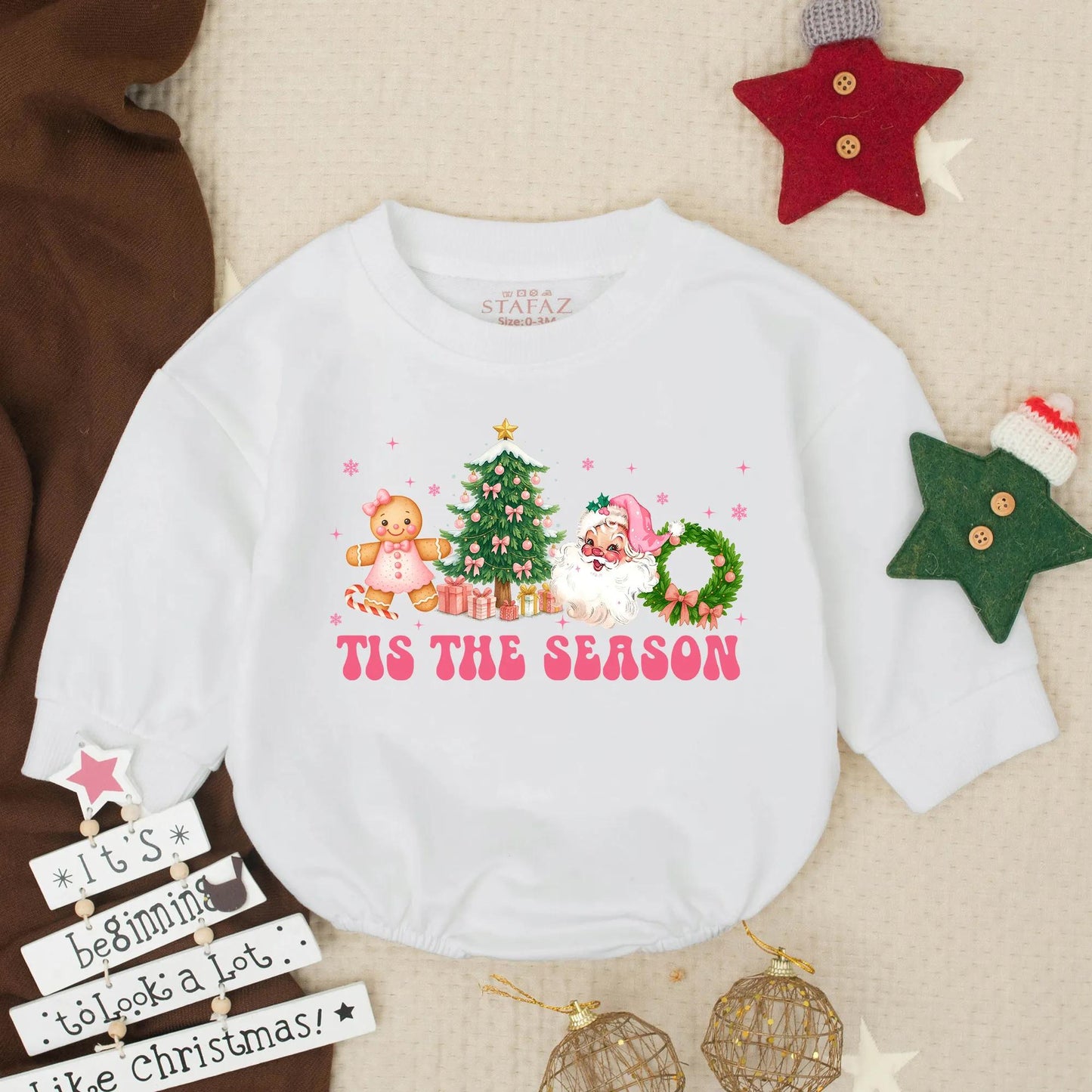Tis the Season Christmas Baby Romper Outfit, Retro Holiday Bodysuit, Gingerbread Santa First Christmas Newborn Pullover, Pink Winter Gift 135 Chars