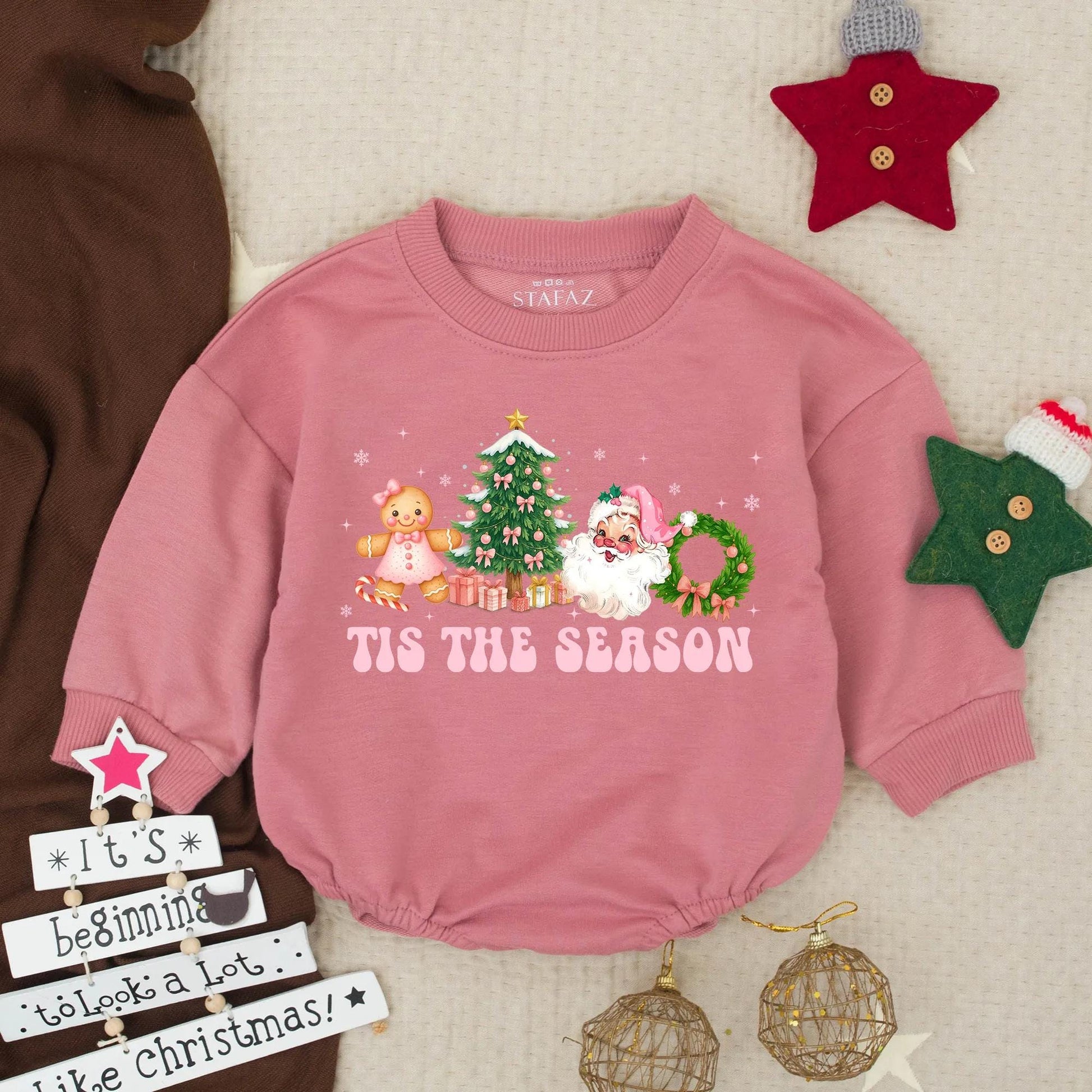 Tis the Season Christmas Baby Romper Outfit, Retro Holiday Bodysuit, Gingerbread Santa First Christmas Newborn Pullover, Pink Winter Gift 135 Chars