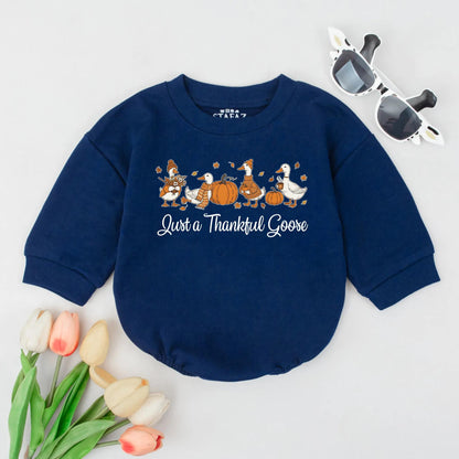 Just a Thankful Goose Baby Bubble Romper, charming Fall geese, pumpkins, and autumn leaves, a cozy Thanksgiving outfit for newborns.