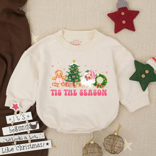 Tis the Season Christmas Baby Romper Outfit, Retro Holiday Bodysuit, Gingerbread Santa First Christmas Newborn Pullover, Pink Winter Gift 135 Chars