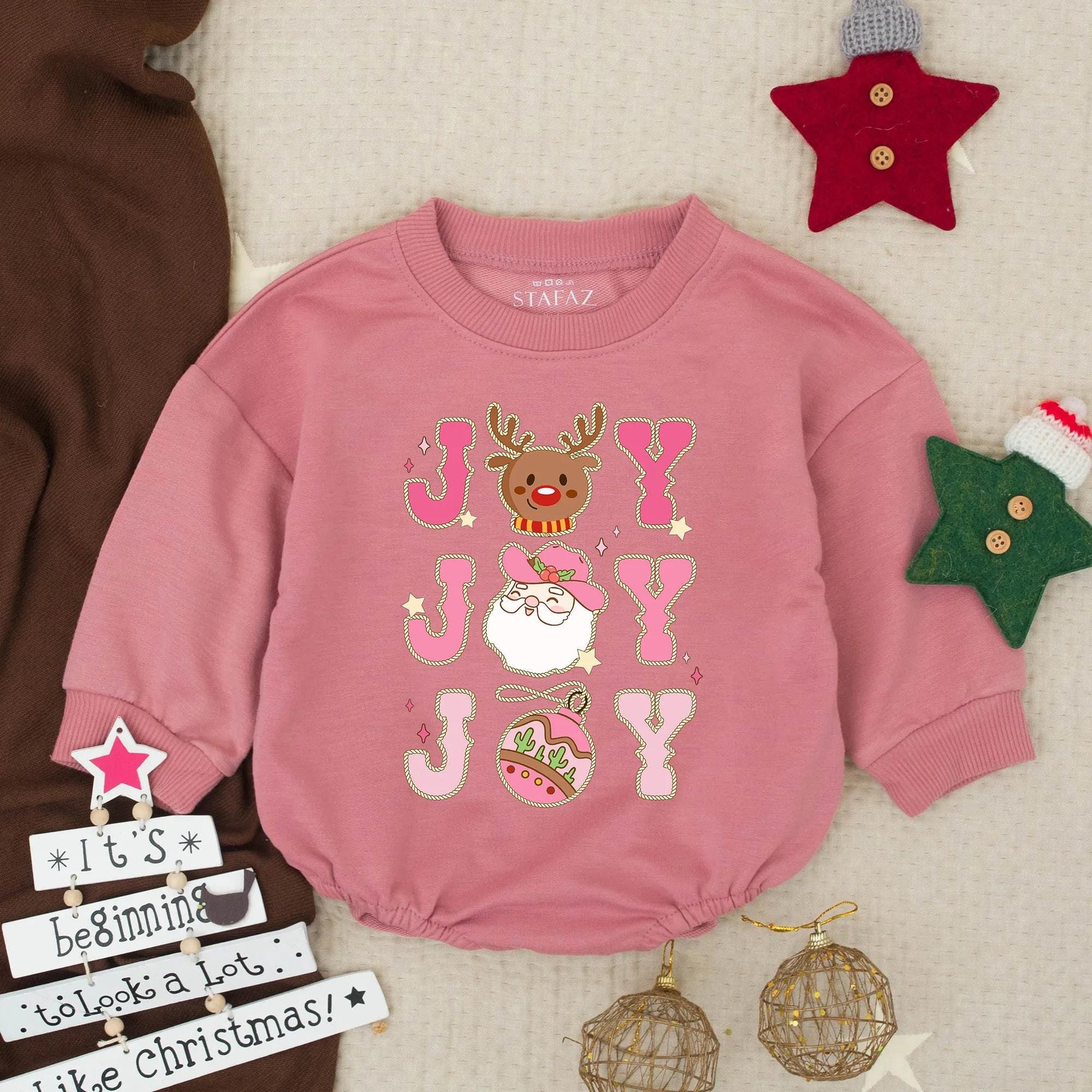 Girly Joy Howdy Christmas Baby Romper Western Infant Outfit with Sparkly Pink Letters Rope Cartoon Santa Reindeer Ornament Toddler Festive Holiday Clothes Rustic Winter Gift
