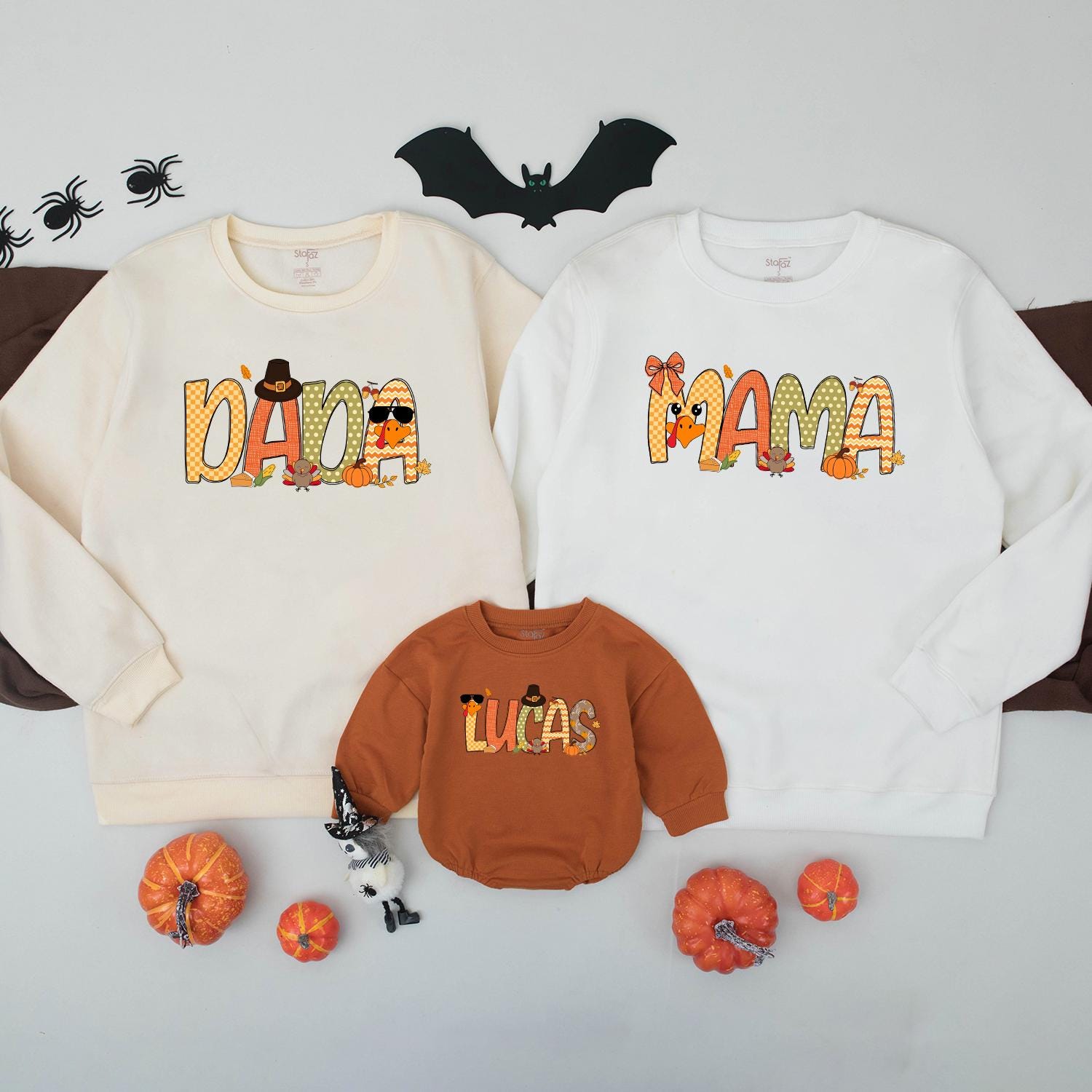 Matching Family Thanksgiving Sweatshirts: Mama, Mini, Dada, Lucas! Cute Turkey, Pumpkin Fall Outfits for Mommy and Me, Festive Holiday Shirts, Orange Plaid Designs (138)