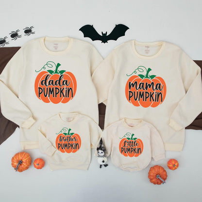 Matching Family Pumpkin Sweatshirts Dada Mama Little Pumpkin Graphic Fall Thanksgiving Outfit Orange Green Black Playful Seasonal Shirts