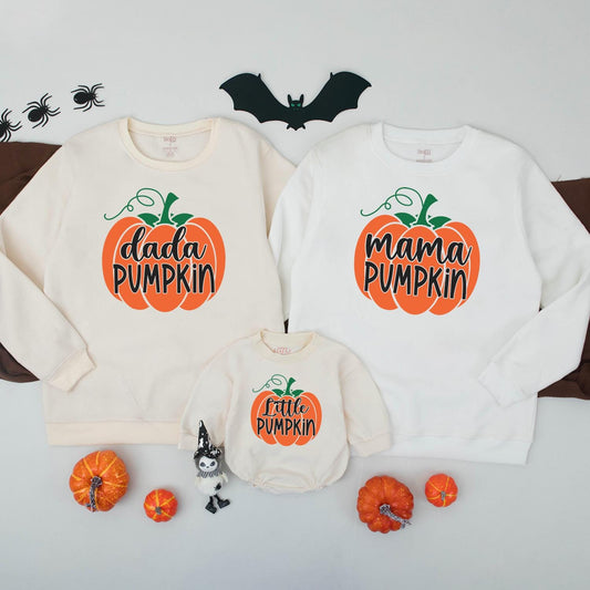 Matching Family Pumpkin Sweatshirts Dada Mama Little Pumpkin Graphic Fall Thanksgiving Outfit Orange Green Black Playful Seasonal Shirts