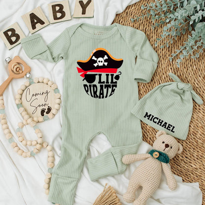 Lil Pirate Bodysuit for Baby Boy, Ahoy Matey Newborn Outfit, Skull & Crossbones Coming Home Outfit, Whimsical Baby Shower Gift, Infant Clothes (139 chars)