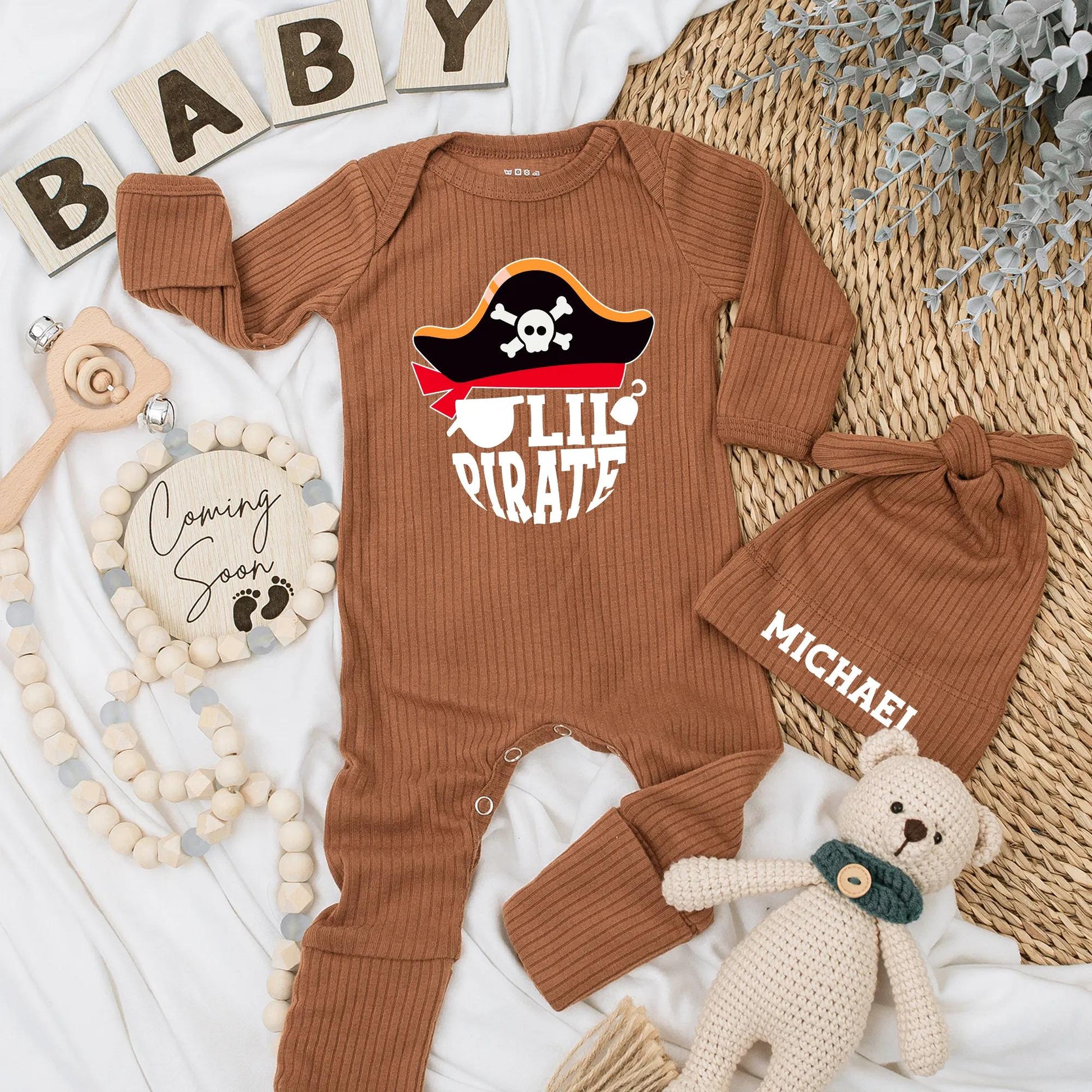 Lil Pirate Bodysuit for Baby Boy, Ahoy Matey Newborn Outfit, Skull & Crossbones Coming Home Outfit, Whimsical Baby Shower Gift, Infant Clothes (139 chars)