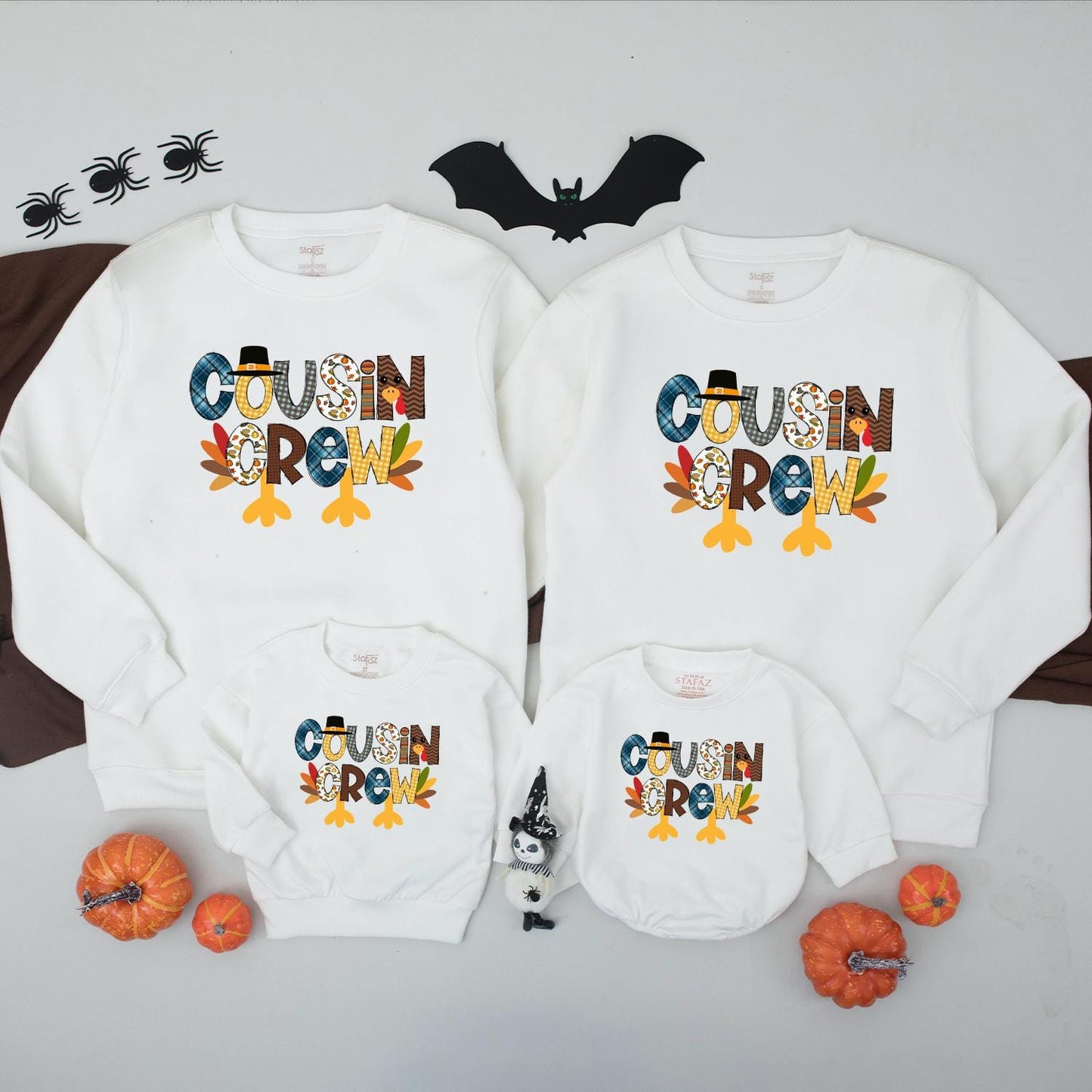 Cousin Crew Thanksgiving Shirt for Kids, Turkey Family Matching Outfit, Blue Plaid, Gingham, & Autumn Leaves Cartoon Design - Fall Thanksgiving Kids