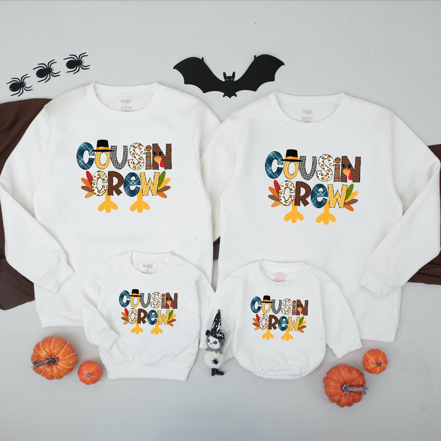 Cousin Crew Thanksgiving Shirt for Kids, Turkey Family Matching Outfit, Blue Plaid, Gingham, & Autumn Leaves Cartoon Design - Fall Thanksgiving Kids