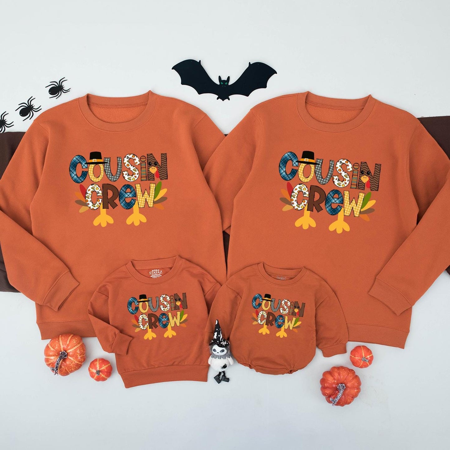 Cousin Crew Thanksgiving Shirt for Kids, Turkey Family Matching Outfit, Blue Plaid, Gingham, & Autumn Leaves Cartoon Design - Fall Thanksgiving Kids