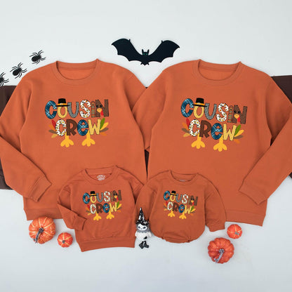 Cousin Crew Thanksgiving Shirt for Kids, Turkey Family Matching Outfit, Blue Plaid, Gingham, & Autumn Leaves Cartoon Design - Fall Thanksgiving Kids