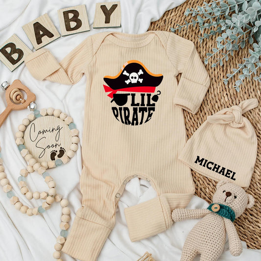 Lil Pirate Bodysuit for Baby Boy, Ahoy Matey Newborn Outfit, Skull & Crossbones Coming Home Outfit, Whimsical Baby Shower Gift, Infant Clothes (139 chars)
