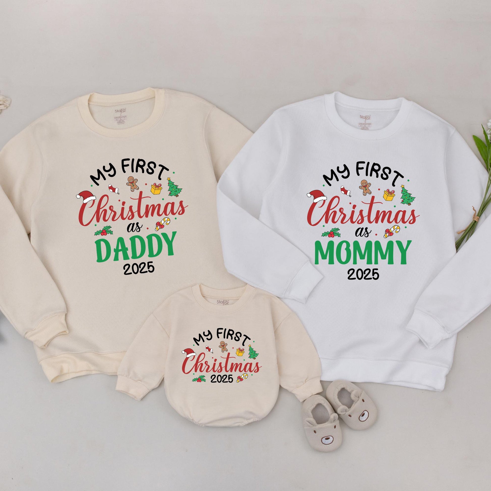 My First Christmas 2025 Sweatshirt for Mommy & Daddy Matching Family Festive Gifts with Santa Hats Stockings & Gifts Custom New Parent Apparel