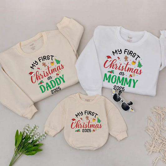My First Christmas 2025 Sweatshirt for Mommy & Daddy Matching Family Festive Gifts with Santa Hats Stockings & Gifts Custom New Parent Apparel