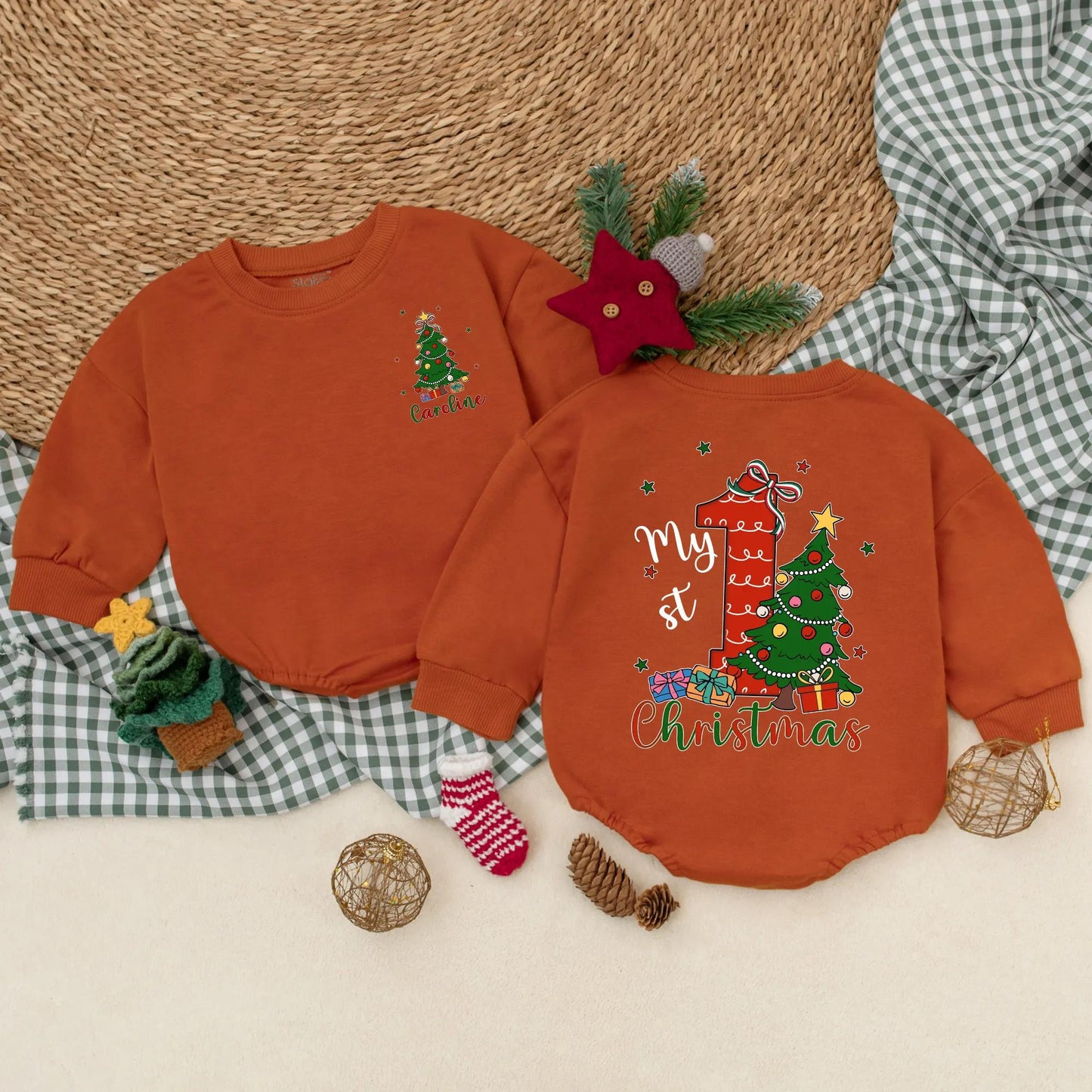 Personalized My 1st Christmas Romper, Custom Holiday Outfit, Festive Baby Sweater, Christmas Tree & Presents, Red, Green, Blue, Gold, Newborn Gift (138 chars)
