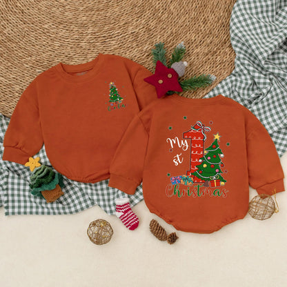 Personalized My 1st Christmas Romper, Custom Holiday Outfit, Festive Baby Sweater, Christmas Tree & Presents, Red, Green, Blue, Gold, Newborn Gift (138 chars)