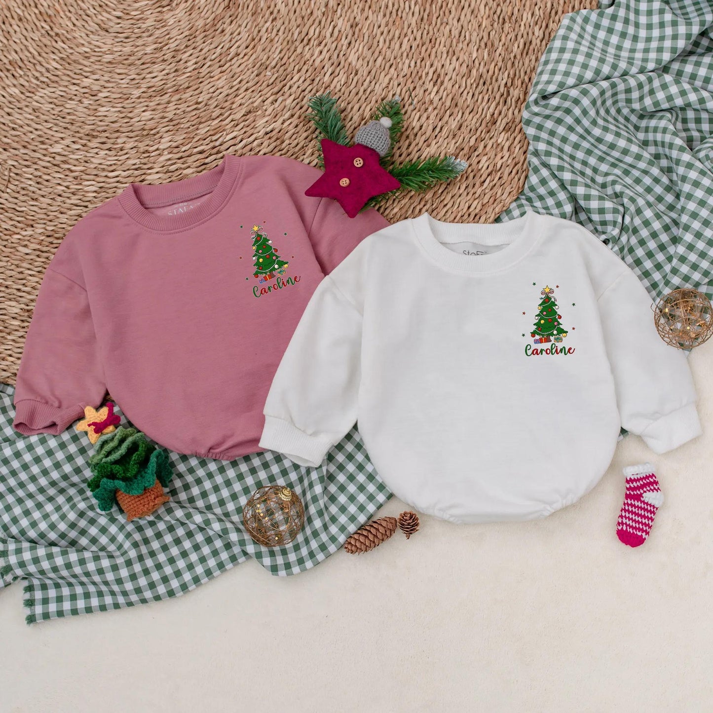 Personalized My 1st Christmas Romper, Custom Holiday Outfit, Festive Baby Sweater, Christmas Tree & Presents, Red, Green, Blue, Gold, Newborn Gift (138 chars)