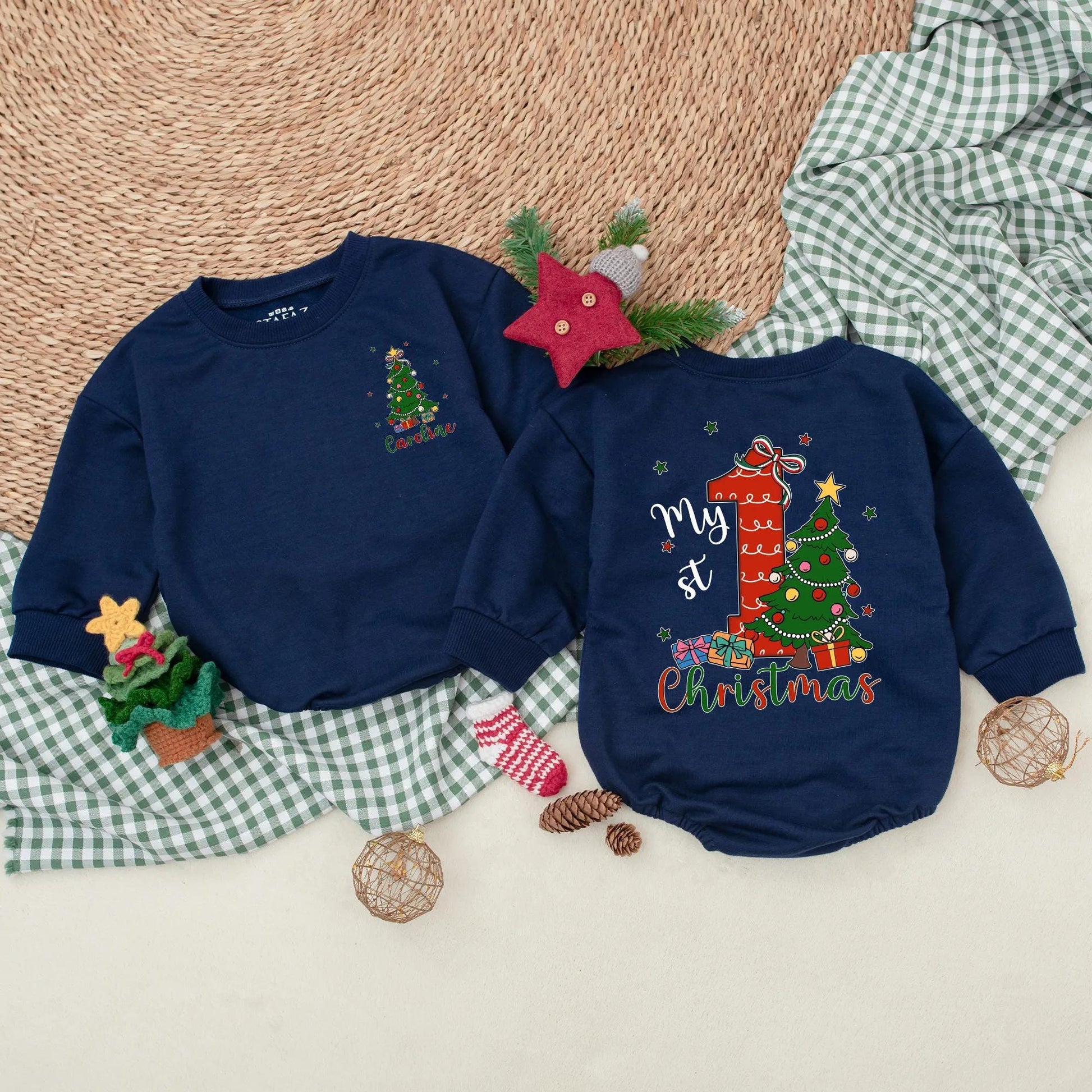 Personalized My 1st Christmas Romper, Custom Holiday Outfit, Festive Baby Sweater, Christmas Tree & Presents, Red, Green, Blue, Gold, Newborn Gift (138 chars)