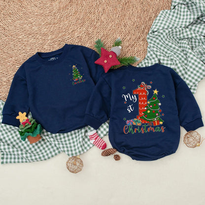 Personalized My 1st Christmas Romper, Custom Holiday Outfit, Festive Baby Sweater, Christmas Tree & Presents, Red, Green, Blue, Gold, Newborn Gift (138 chars)