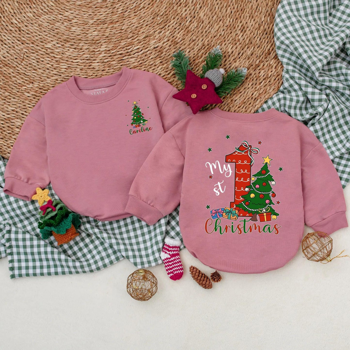 Personalized My 1st Christmas Romper, Custom Holiday Outfit, Festive Baby Sweater, Christmas Tree & Presents, Red, Green, Blue, Gold, Newborn Gift (138 chars)
