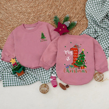 Personalized My 1st Christmas Romper, Custom Holiday Outfit, Festive Baby Sweater, Christmas Tree & Presents, Red, Green, Blue, Gold, Newborn Gift (138 chars)