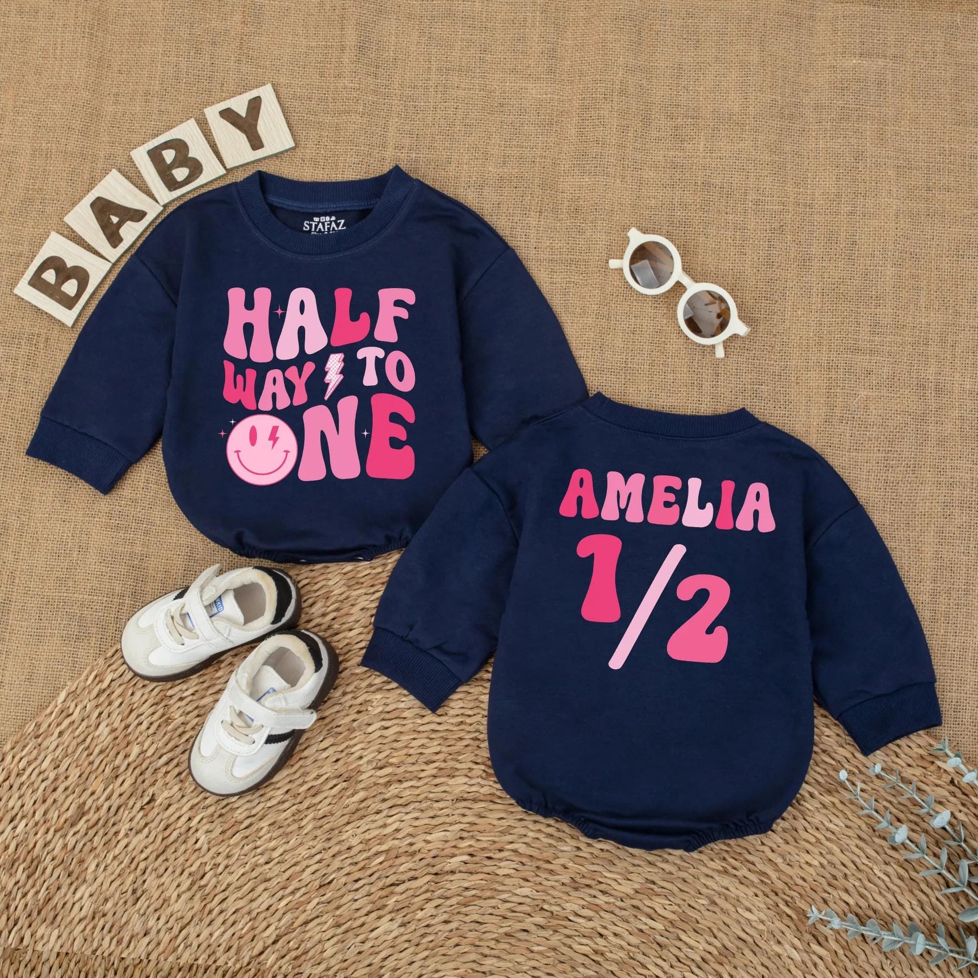 Personalized Pink Half Way to One Baby Girl Romper with Custom Name, Playful Smiley Face Lightning Bolt 6 Month Milestone Bubble Bodysuit