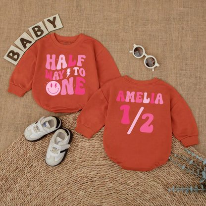 Personalized Pink Half Way to One Baby Girl Romper with Custom Name, Playful Smiley Face Lightning Bolt 6 Month Milestone Bubble Bodysuit