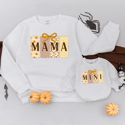 Fall Mama Mini Matching Sweatshirts Pumpkin Patchwork Bow Design Gingham Cream Yellow Shapes Cozy Autumn Apparel Halloween Thanksgiving Family