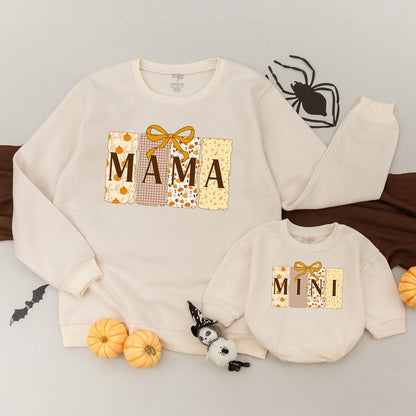 Fall Mama Mini Matching Sweatshirts Pumpkin Patchwork Bow Design Gingham Cream Yellow Shapes Cozy Autumn Apparel Halloween Thanksgiving Family