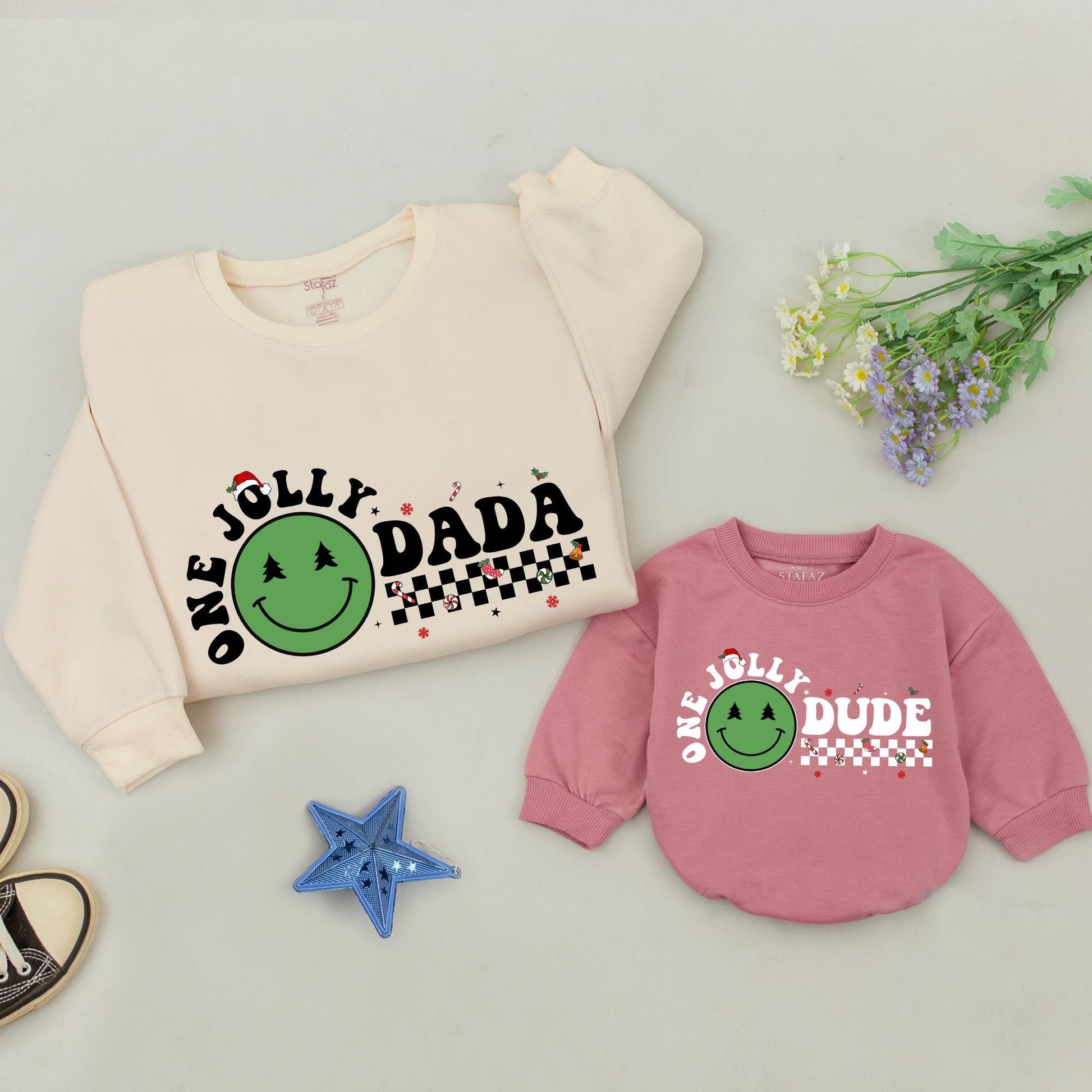 Personalized One Jolly Family Christmas Sweatshirt with Santa Hat & Smiley Face! Matching Mommy & Me Holiday Outfits for New Parents