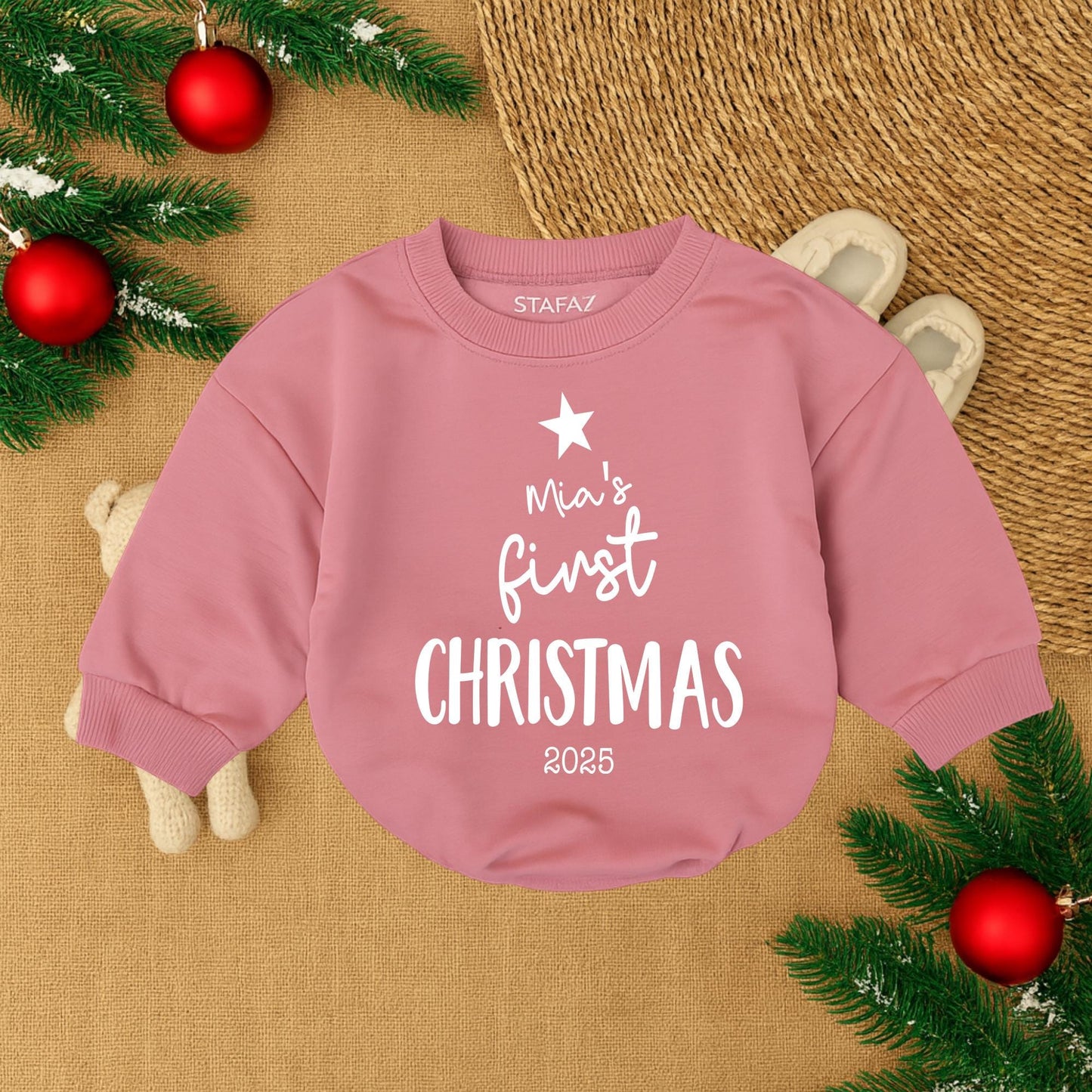 Mia's First Christmas 2025 Baby Girl Romper Sweatshirt Outfit, Sweet Red Star Infant Holiday Sweater New Baby Gift