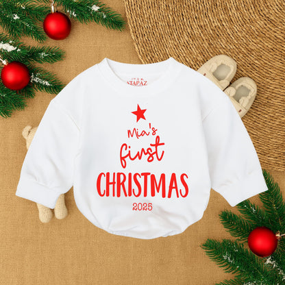 Mia's First Christmas 2025 Baby Girl Romper Sweatshirt Outfit, Sweet Red Star Infant Holiday Sweater New Baby Gift