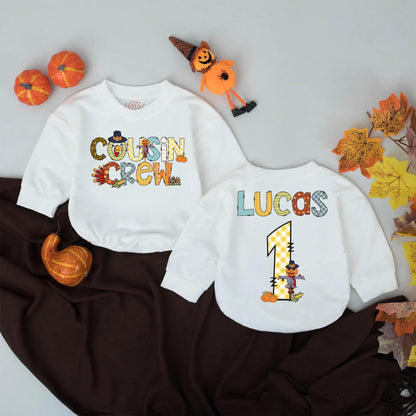 Personalized Cousin Crew Bubble Romper First Thanksgiving Baby Clothes Whimsical Fall Turkey Scarecrow Pumpkin Design Infant Turkey Day Gift