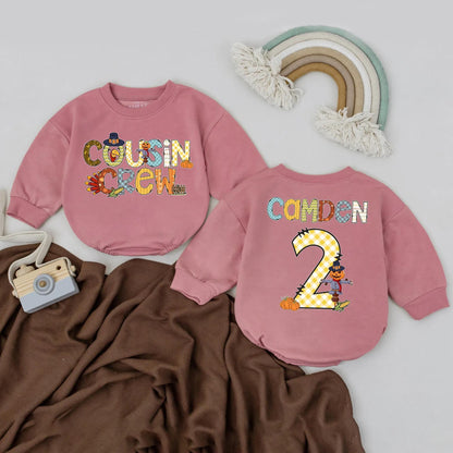 Personalized Cousin Crew Bubble Romper First Thanksgiving Baby Clothes Whimsical Fall Turkey Scarecrow Pumpkin Design Infant Turkey Day Gift