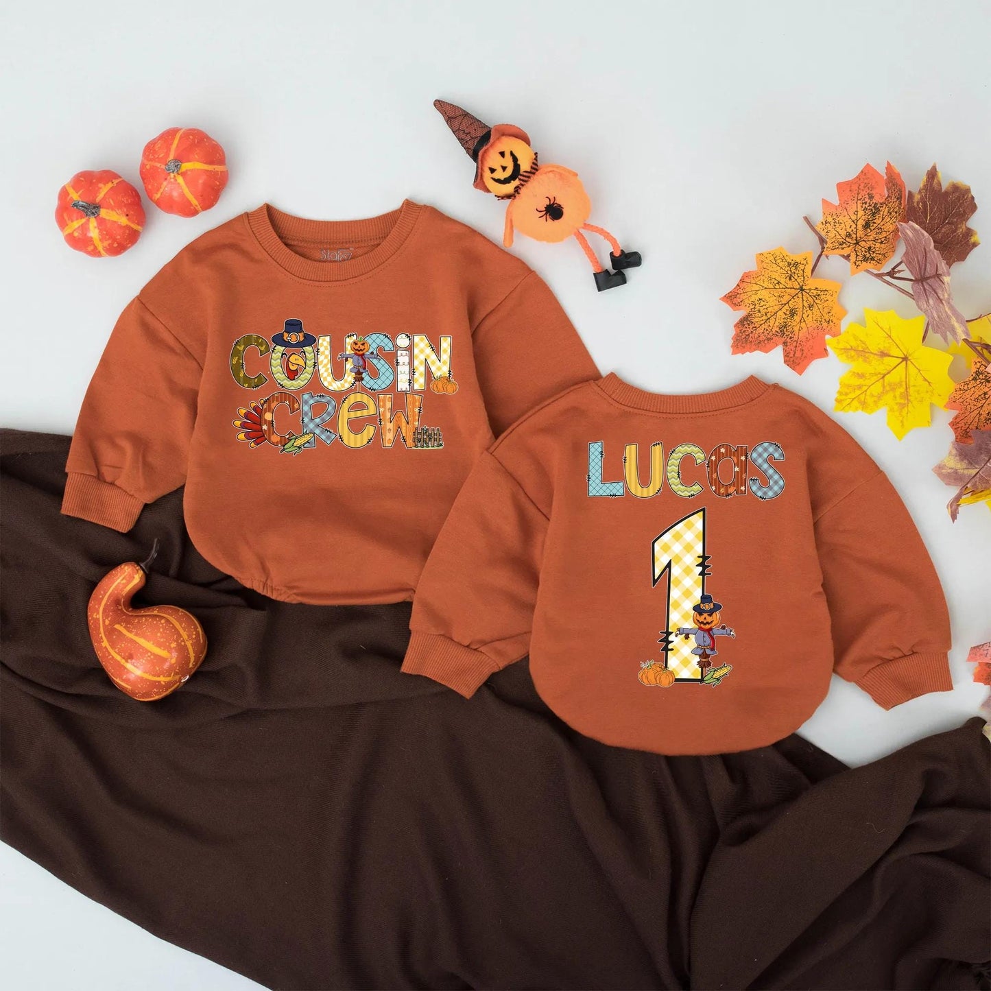 Personalized Cousin Crew Bubble Romper First Thanksgiving Baby Clothes Whimsical Fall Turkey Scarecrow Pumpkin Design Infant Turkey Day Gift