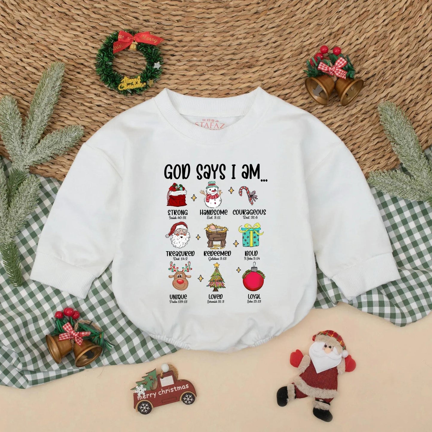 God Says I Am Christmas Baby Romper Christian Bodysuit Festive Red Green Blue Design with Santa Reindeer Whimsical Bible Verse Baby Holiday Gift