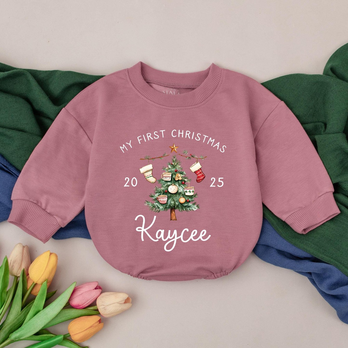 Personalized My First Christmas Romper, Custom Kaycee Name 2025 Bodysuit, Baby Xmas Outfit, Winter Clothes, Baby Shower Gift, Tree & Ornaments Design (139)