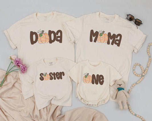 Matching Family Pumpkin Patch Shirts: Papa, Mama, Sister & One, Cute Fall Thanksgiving Outfit, First Birthday Party, Retro Brown Font, Orange & White Pumpkins (139 chars)
