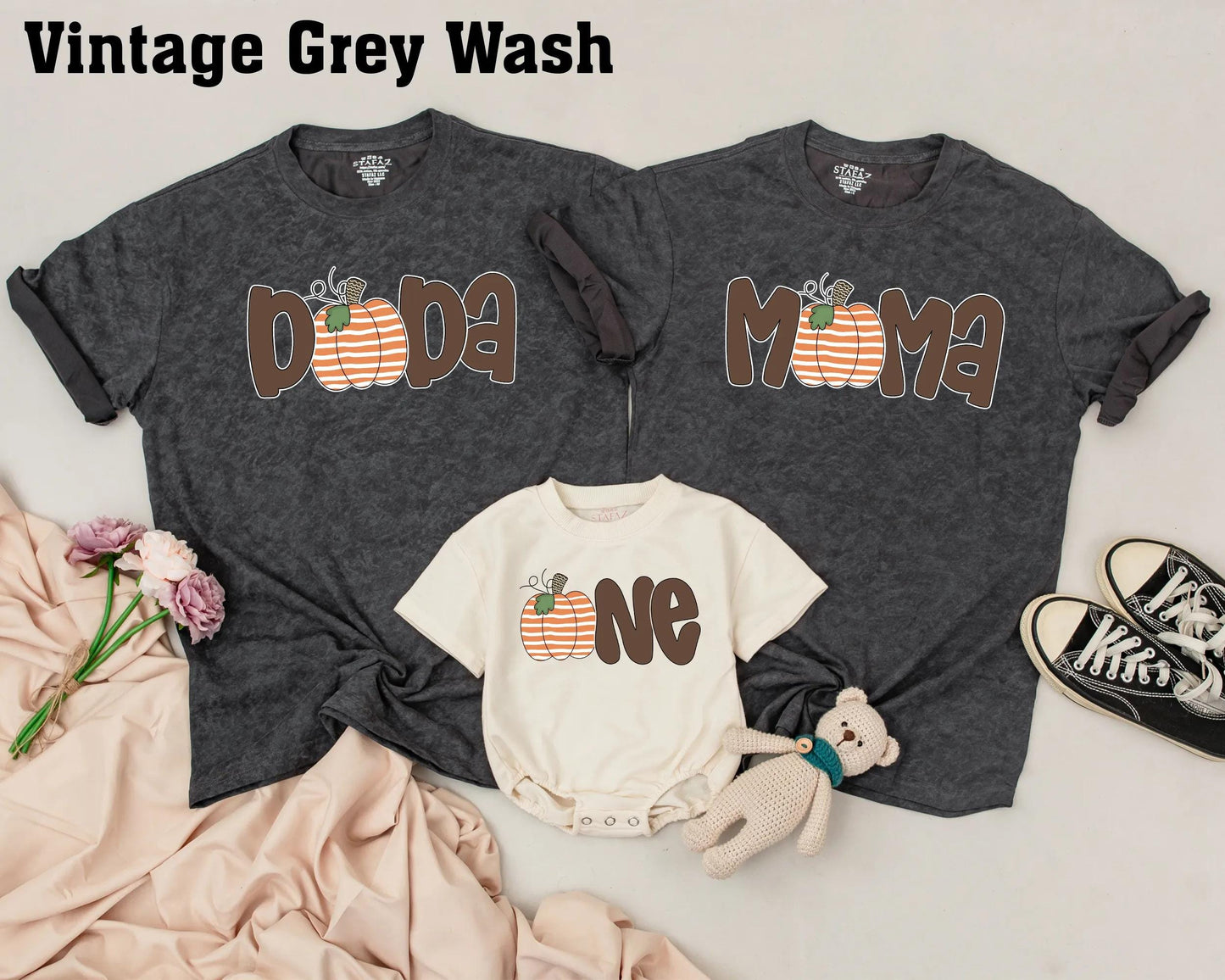 Matching Family Pumpkin Patch Shirts: Papa, Mama, Sister & One, Cute Fall Thanksgiving Outfit, First Birthday Party, Retro Brown Font, Orange & White Pumpkins (139 chars)