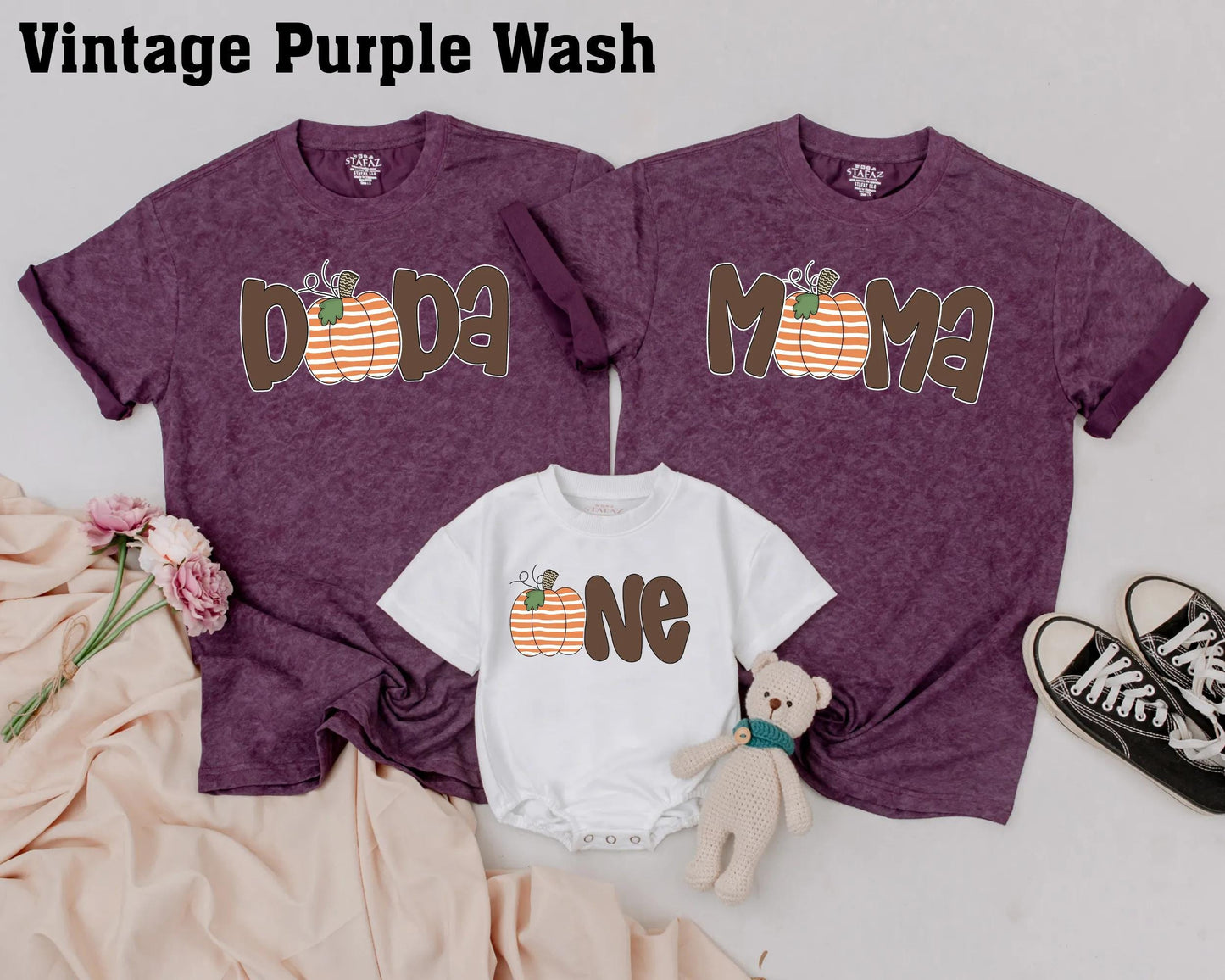 Matching Family Pumpkin Patch Shirts: Papa, Mama, Sister & One, Cute Fall Thanksgiving Outfit, First Birthday Party, Retro Brown Font, Orange & White Pumpkins (139 chars)