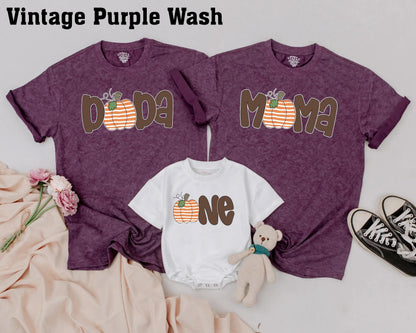 Matching Family Pumpkin Patch Shirts: Papa, Mama, Sister & One, Cute Fall Thanksgiving Outfit, First Birthday Party, Retro Brown Font, Orange & White Pumpkins (139 chars)