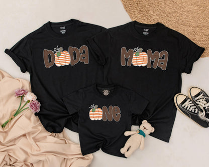 Matching Family Pumpkin Patch Shirts: Papa, Mama, Sister & One, Cute Fall Thanksgiving Outfit, First Birthday Party, Retro Brown Font, Orange & White Pumpkins (139 chars)