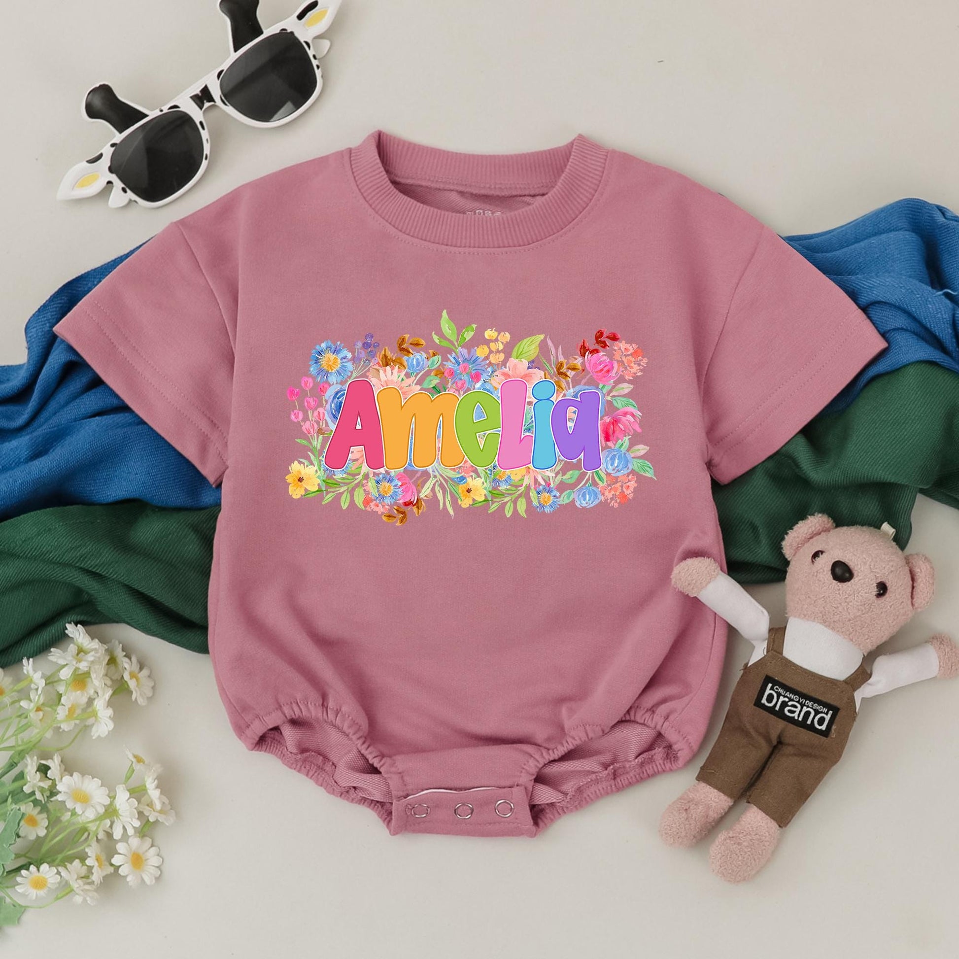 Personalized Amelia Wildflower Romper, First Birthday Outfit, Wild One Flower Bodysuit, Custom Baby Clothes, Whimsical Girl Gift 139