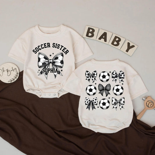 Personalized Soccer Sister Baby Romper with Custom Name, Black & White Sporty Bodysuit, Football Season Baby Clothes, Gift