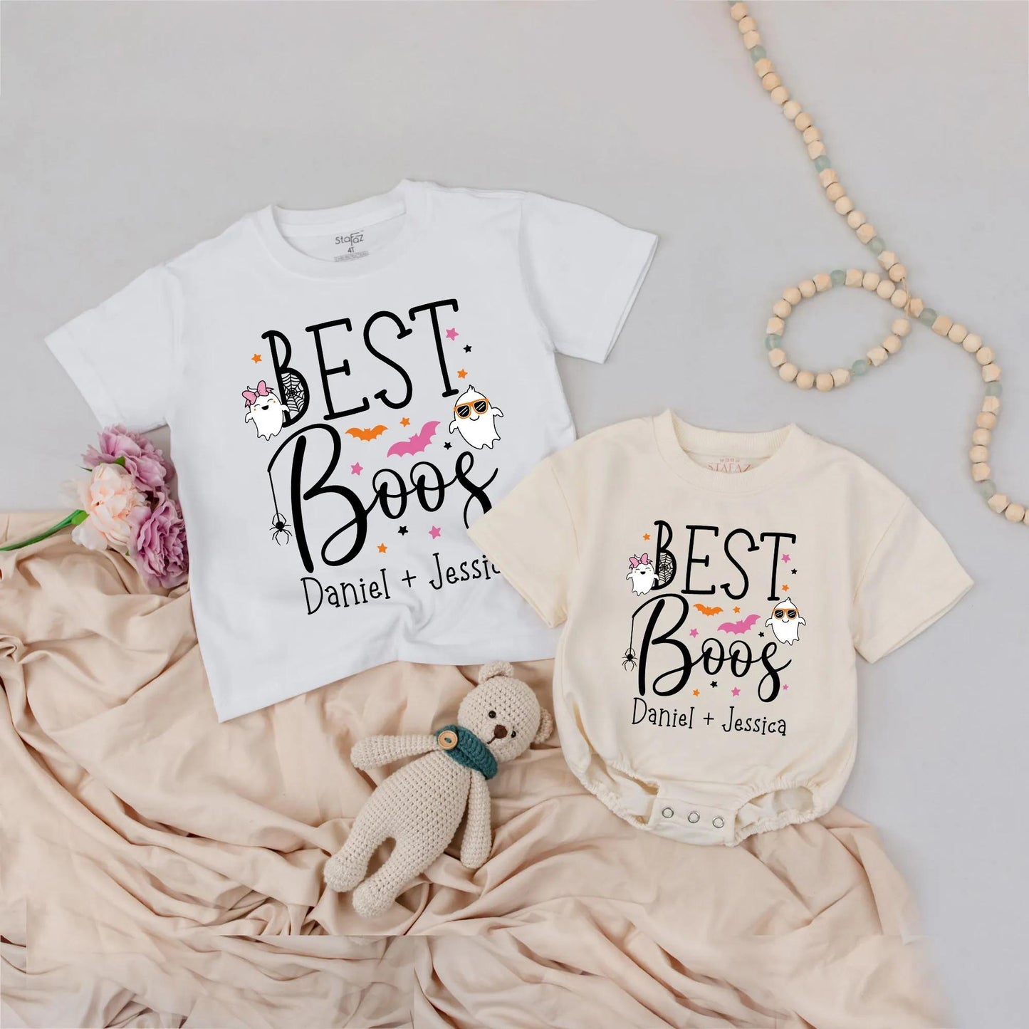 Custom Name BEST Boos Matching Halloween Shirts for Siblings Toddlers Cute Spooky Season Brother Sister Outfits Fun Ghost Spider Bat Graphics Festive Gift