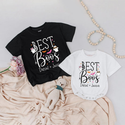 Custom Name BEST Boos Matching Halloween Shirts for Siblings Toddlers Cute Spooky Season Brother Sister Outfits Fun Ghost Spider Bat Graphics Festive Gift