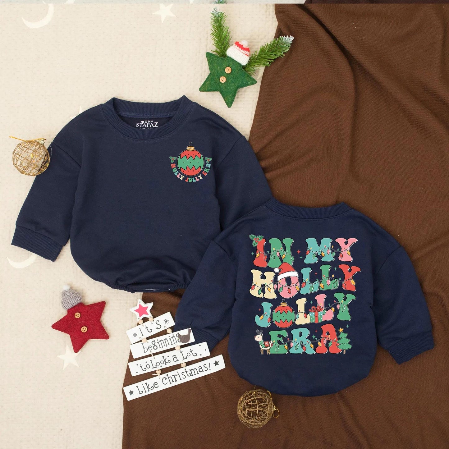 In My Holly Jolly Era Baby Bubble Romper Festive Retro Artwork Christmas Lights Toddler Outfit My First Christmas Gift