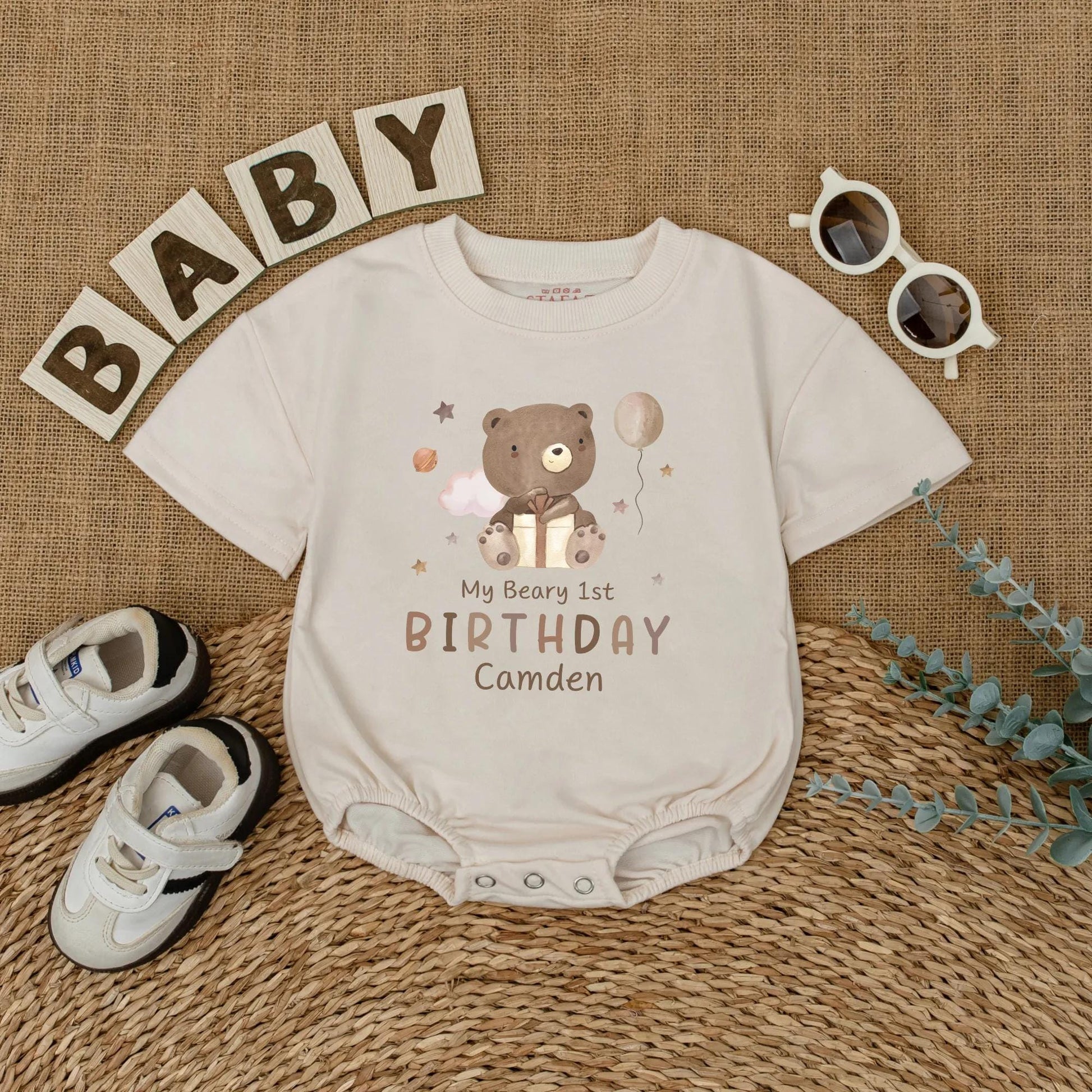 Custom Beary 1st Birthday Romper for Baby Camden with Gold Gift Box and Pink Cloud Design Whimsical Smash Cake Outfit Neutral Boy Girl Gift