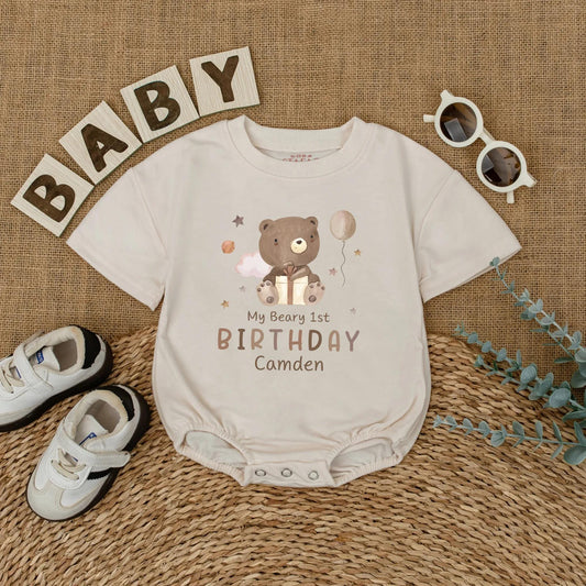 Custom Beary 1st Birthday Romper for Baby Camden with Gold Gift Box and Pink Cloud Design Whimsical Smash Cake Outfit Neutral Boy Girl Gift